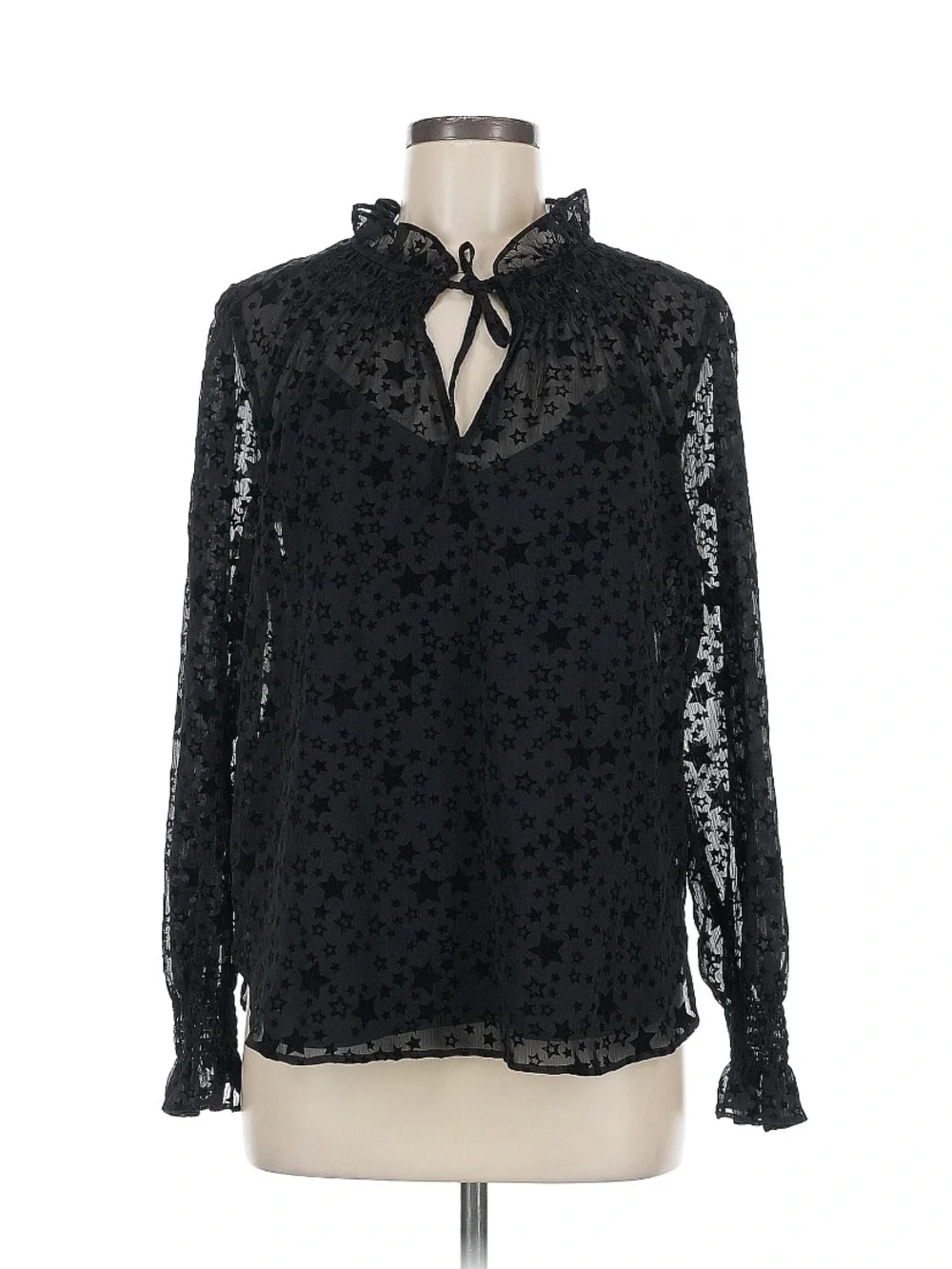 LOFT Black Star-Print Sheer Ruffle Tie-Neck Blouse - Picture 1 of 7
